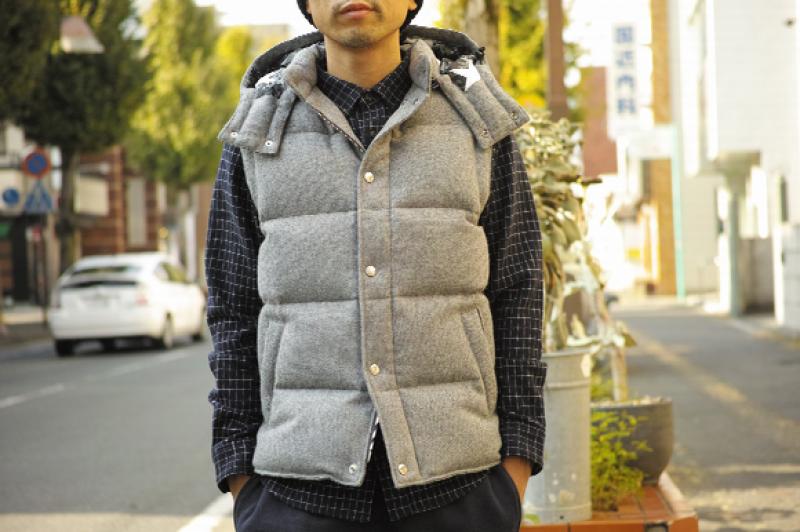 SOPHNET. WOOL MELANGE HOODED DOWN VEST!