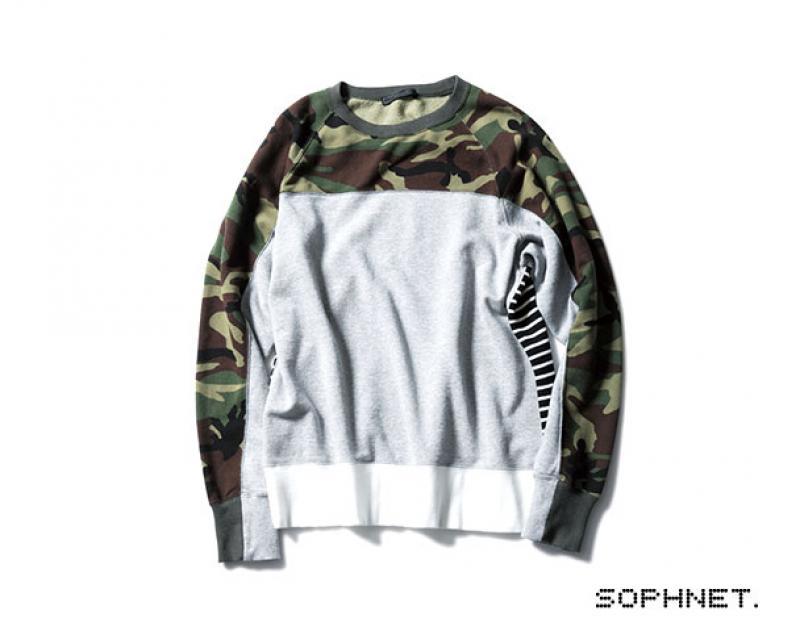 SOPHNET. / CAMOUFLAGE PANEL BORDER CREW NECK SWEAT