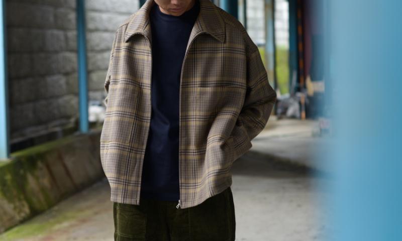 AURALEE:WOOL SERGE CHECK ZIP-UP BLOUSON